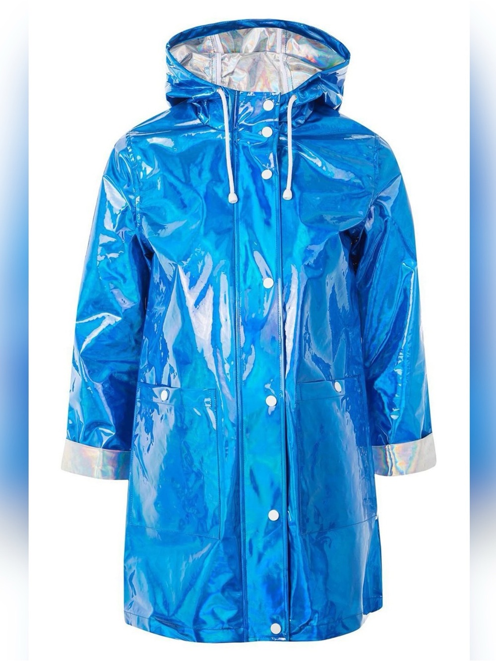 Topshop Shiny Blue Iridescent Long Rain Coat Women’s Size 4 Rave Festival Jacket
